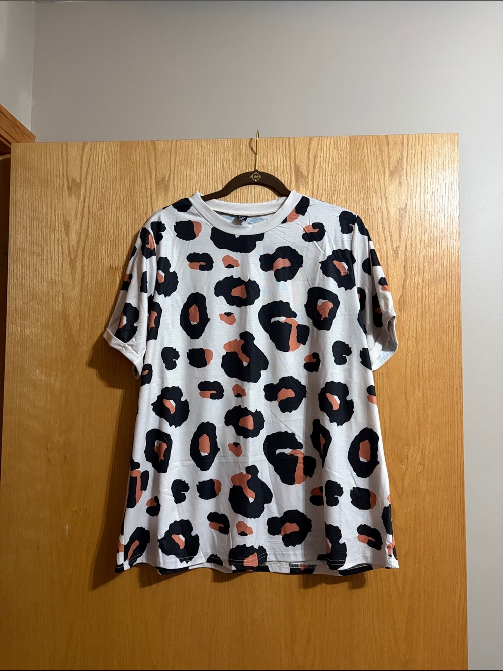Cream Leopard Print Tee with Black and Coral Spots